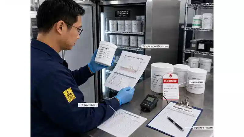Quality engineer reviewing a solder paste temperature excursion using lot records and a temperature data logger Quality engineer reviewing a solder paste temperature excursion using lot records and a temperature data logger